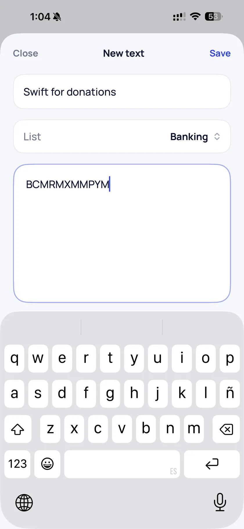 The New text sheet, with a title field, a list picker set to Banking, and the text itself in the field below.