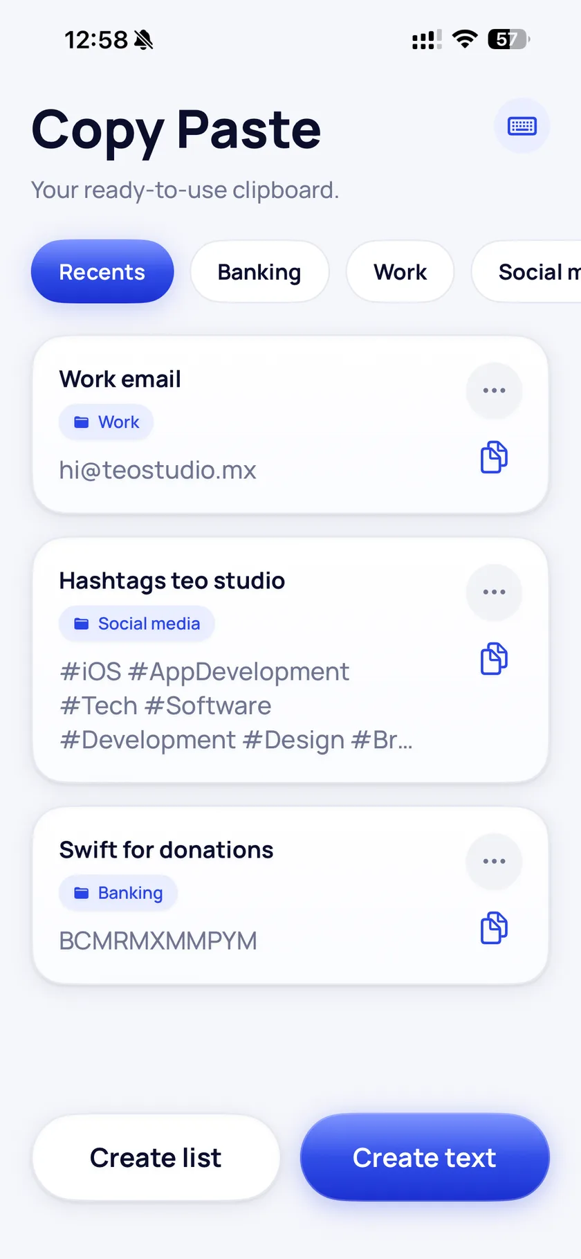 The Copy Paste home screen, showing saved texts grouped into lists such as Work, Social media and Banking.