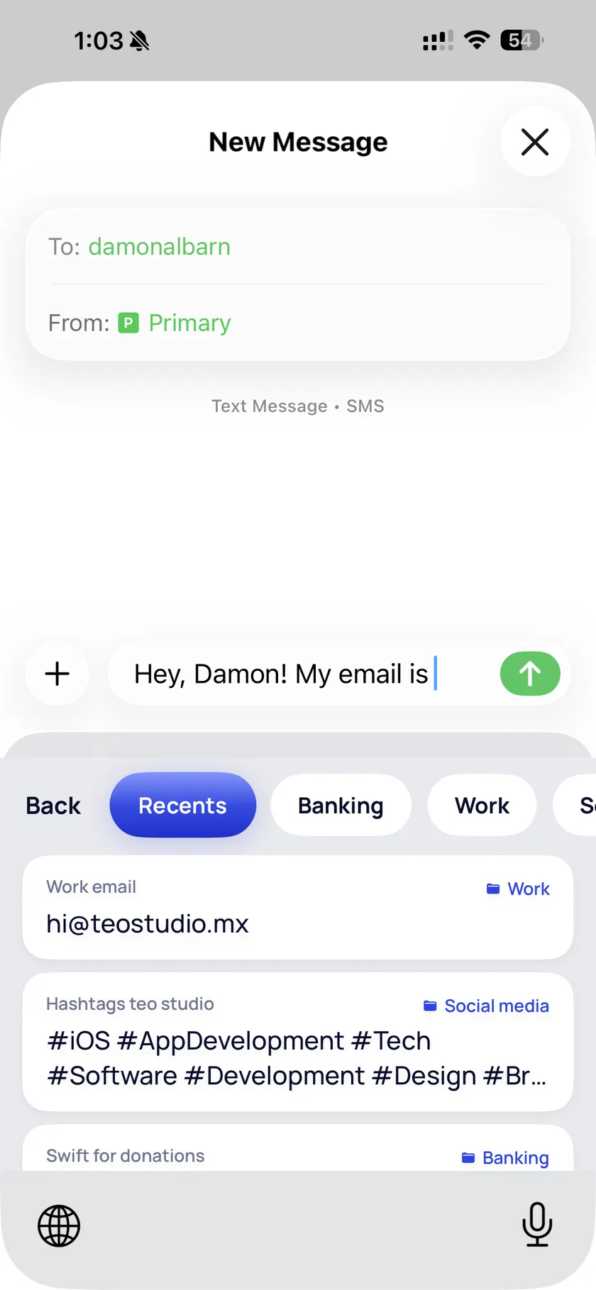 A half-typed message in Messages reading “Hey, Damon! My email is”, with the Copy Paste keyboard open below it showing the saved texts.